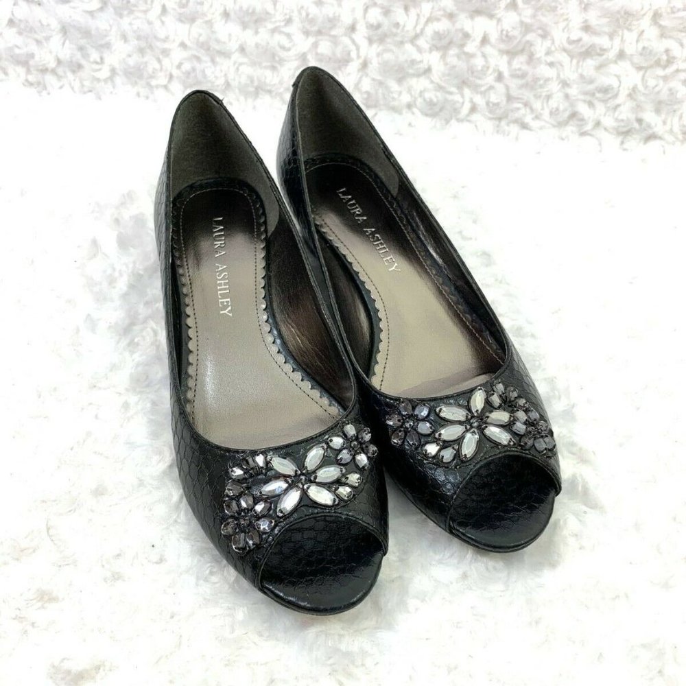 Laura Ashley Black Faux Croc Rhinstone Peep Toe